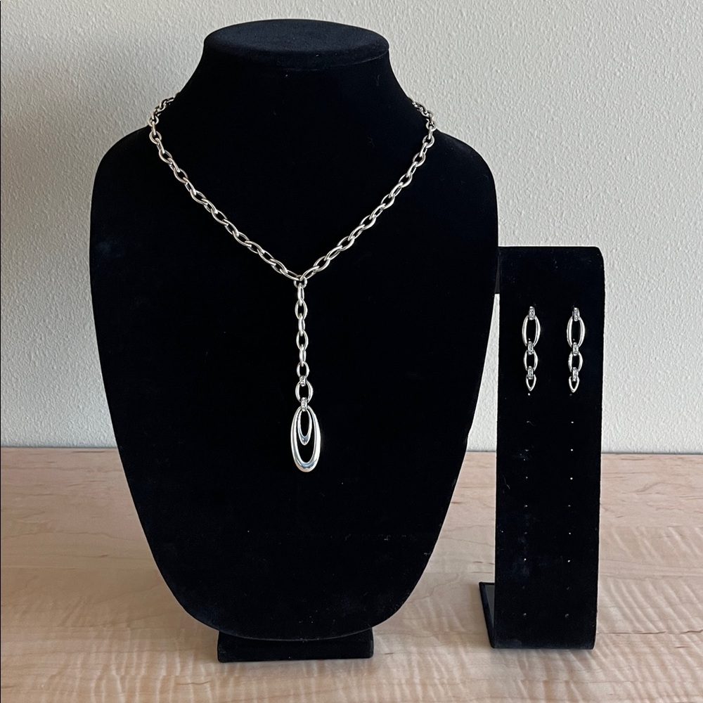 Brighton Y Meridian Swing Silver Crystal Necklace and Earrings
